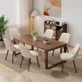 Lot de six chaises rembourrees en tissu beige avec dossier haut et pieds bois, ideales pour maison ou restaurant