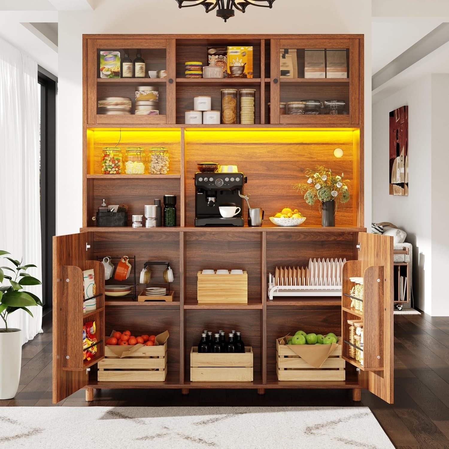 Buffet haut finition noyer 120 x 40 x 185 cm avec eclairage integre, tiroirs et vitrine interieure