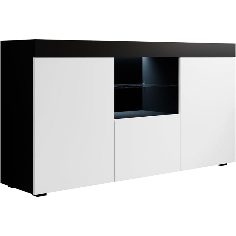 Buffet design 150 x 83 x 40 cm avec eclairage LED integre, finition melamine mate noir et blanc, meuble elegant pour salon et salle a manger
