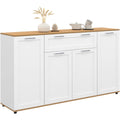 Meuble de rangement blanc et bois 140 cm avec quatre portes et tiroir, design contemporain pour maison
