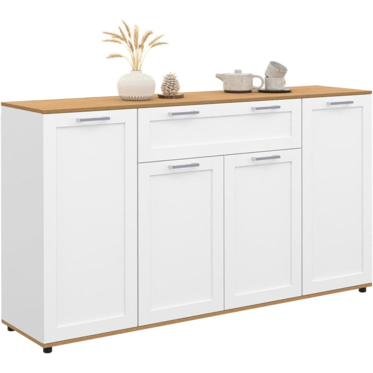 Meuble de rangement blanc et bois 140 cm avec quatre portes et tiroir, design contemporain pour maison