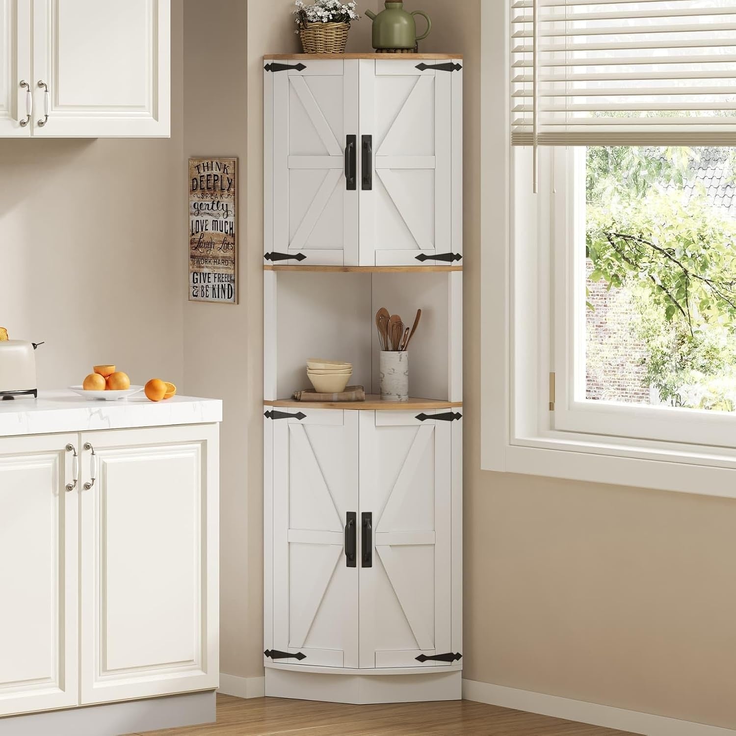 Meuble d'angle blanc 180 cm style rustique avec cinq espaces de rangement, solution haute pour cuisine salon