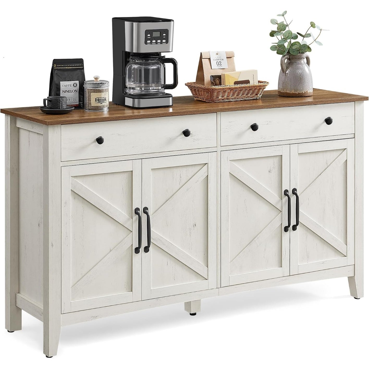 Meuble de rangement campagne blanc rustique et marron avec tiroir, portes et tablette reglable pour salon