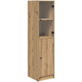 Highboard chene artisanal 142 cm avec quatre etageres et deux portes, meuble vertical pour cuisine ou salle a manger