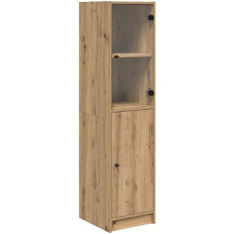 Highboard chene artisanal 142 cm avec quatre etageres et deux portes, meuble vertical pour cuisine ou salle a manger