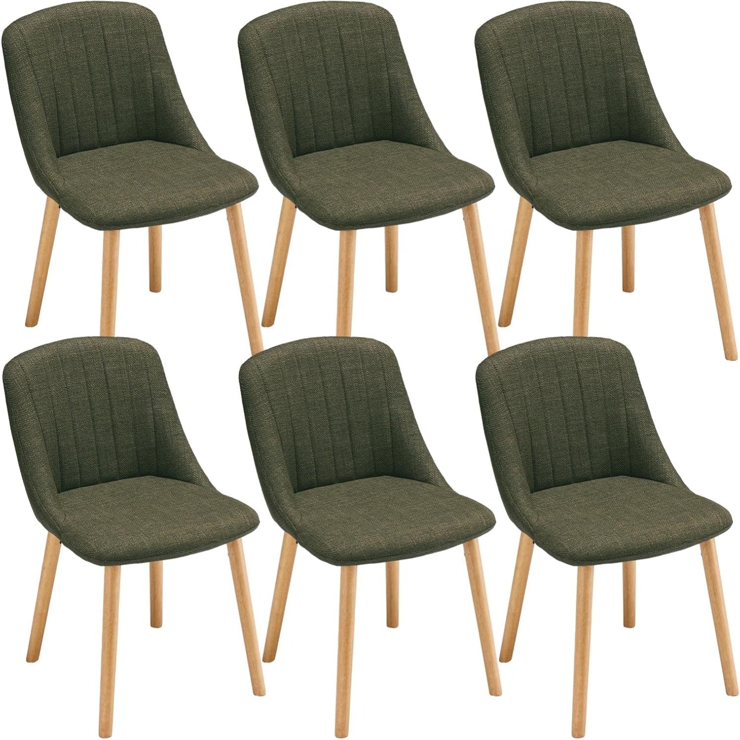 Lot de six chaises avec pieds bois et revetement lin vert, dossier confortable pour salle a manger moderne