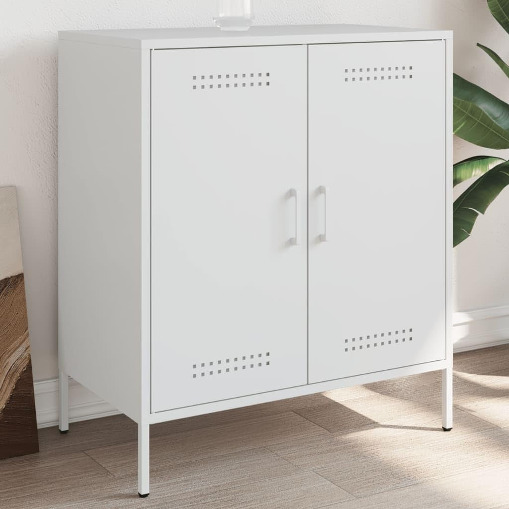 Buffet blanc en acier 68 cm avec quatre compartiments, meuble solide pour organisation du salon ou de la cuisine