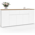 Grand buffet blanc 180 cm avec cinq portes, deux tiroirs et plateau bois