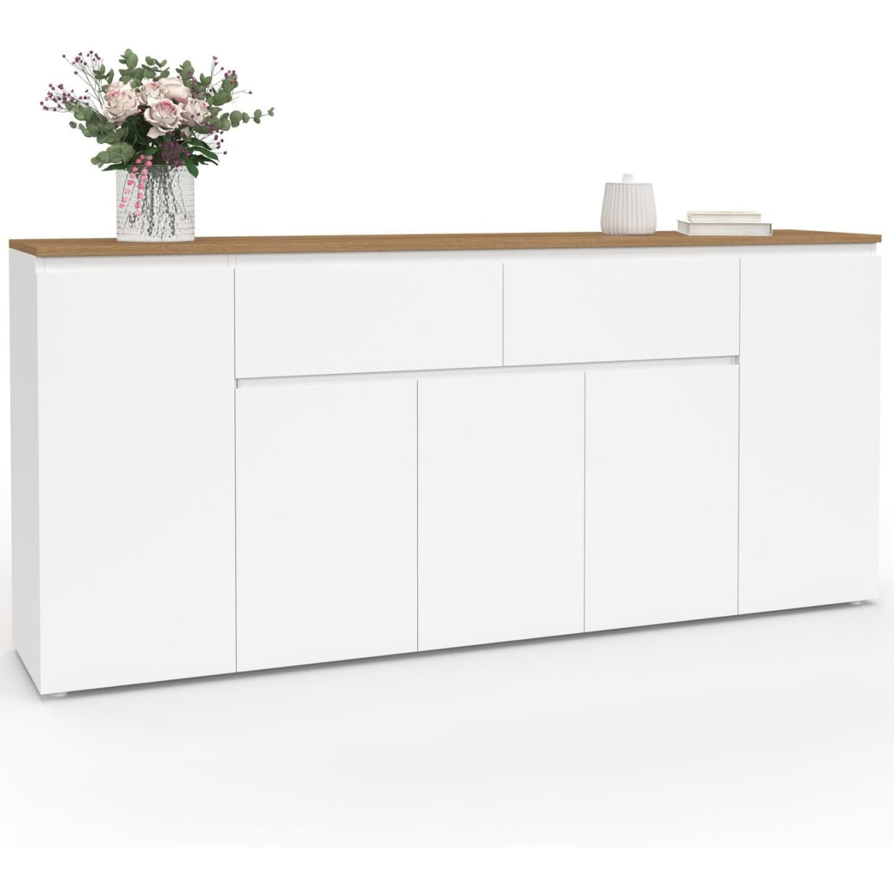 Grand buffet blanc 180 cm avec cinq portes, deux tiroirs et plateau bois