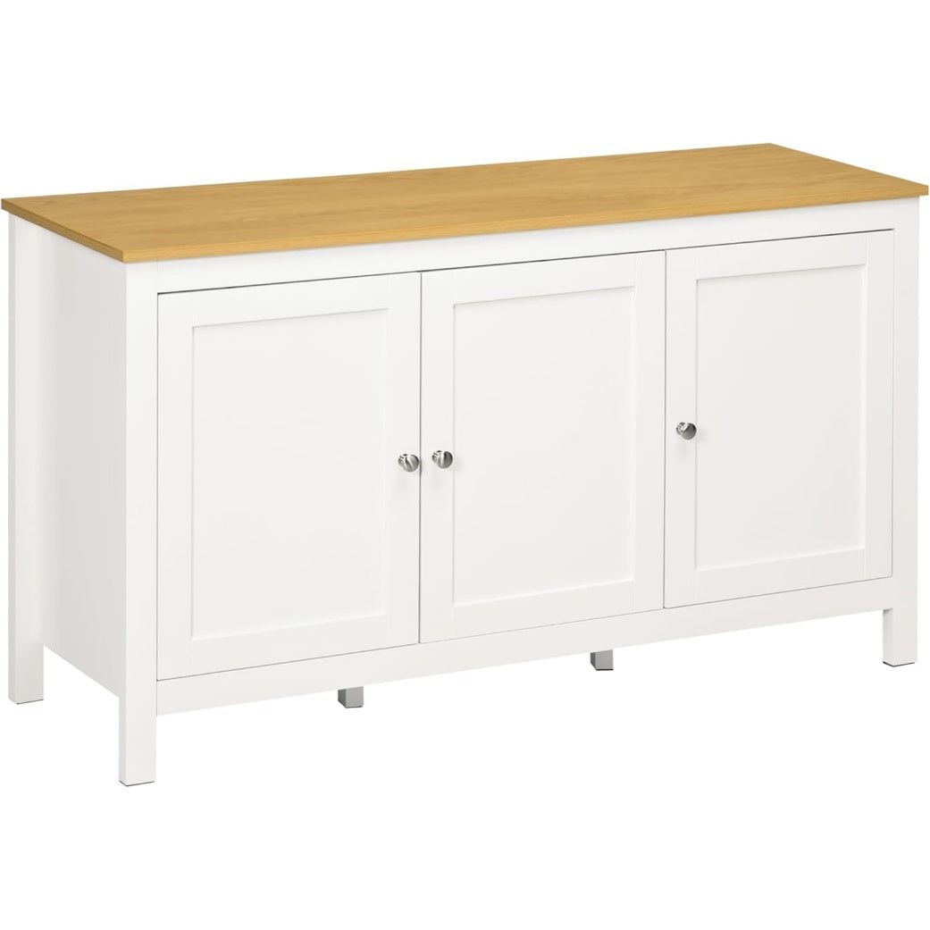 Buffet blanc 120 x 40 x 70 cm avec trois compartiments fermes, rangement moderne pour cuisine, salon ou espace repas
