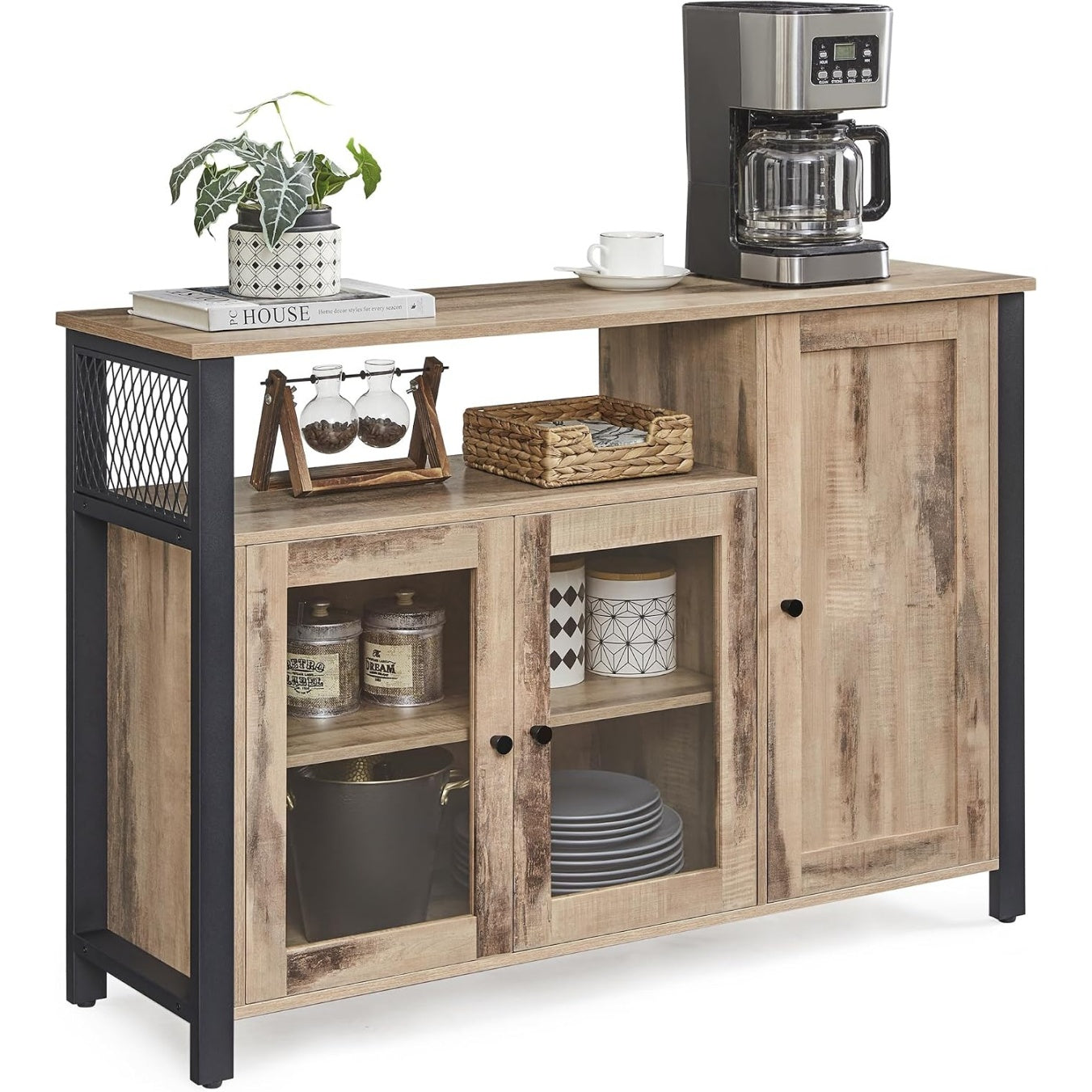Buffet rustique marron bois et noir avec trois portes pour salon, cuisine ou salle a manger
