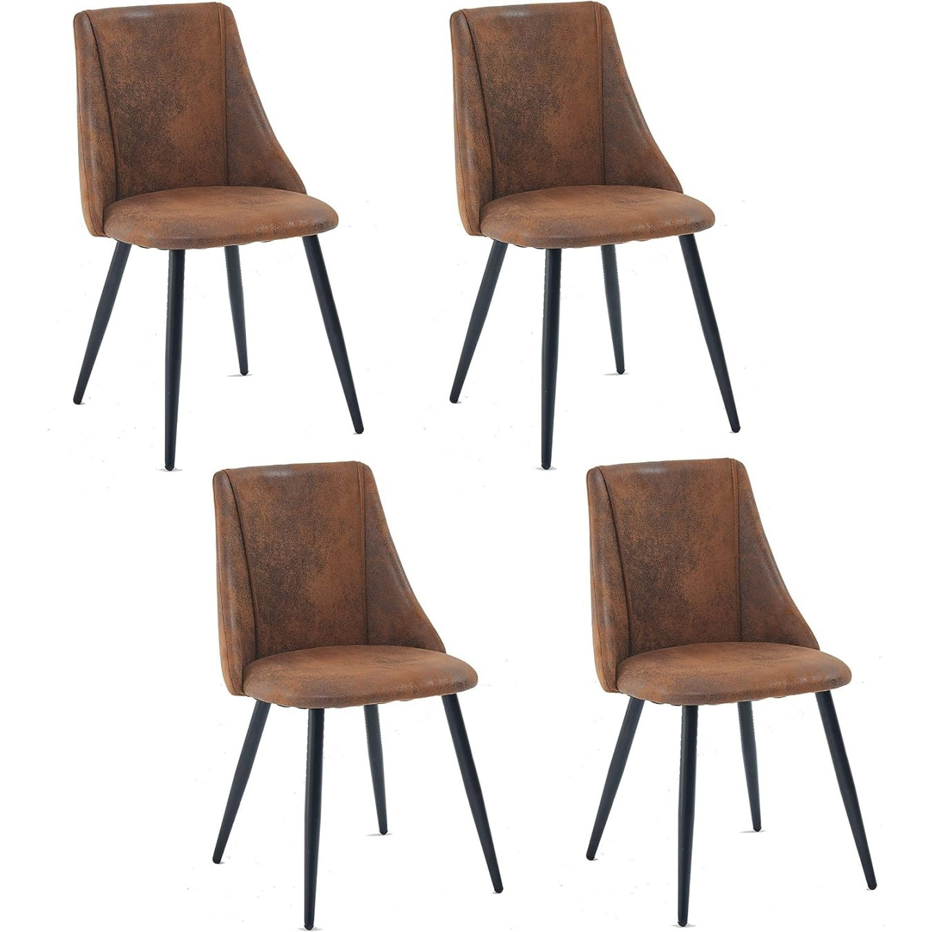 Lot de quatre fauteuils retro en suedine marron, assise rembourree et pieds metalliques style industriel