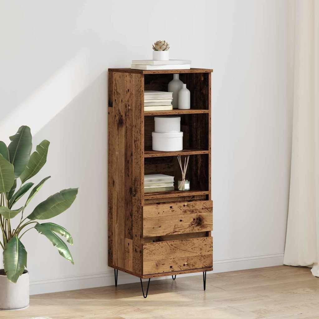 Armoire haute bois ancien 110 cm avec pieds metal noirs, rangement elegant pour cuisine ou piece de vie