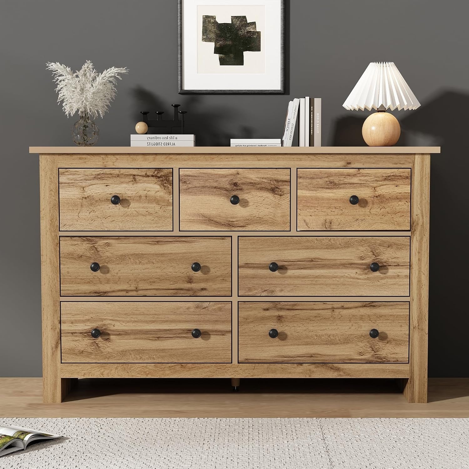 Armoire buffet moderne avec sept tiroirs, grande capacite de rangement, ideal pour entree cuisine salle a manger ou salon