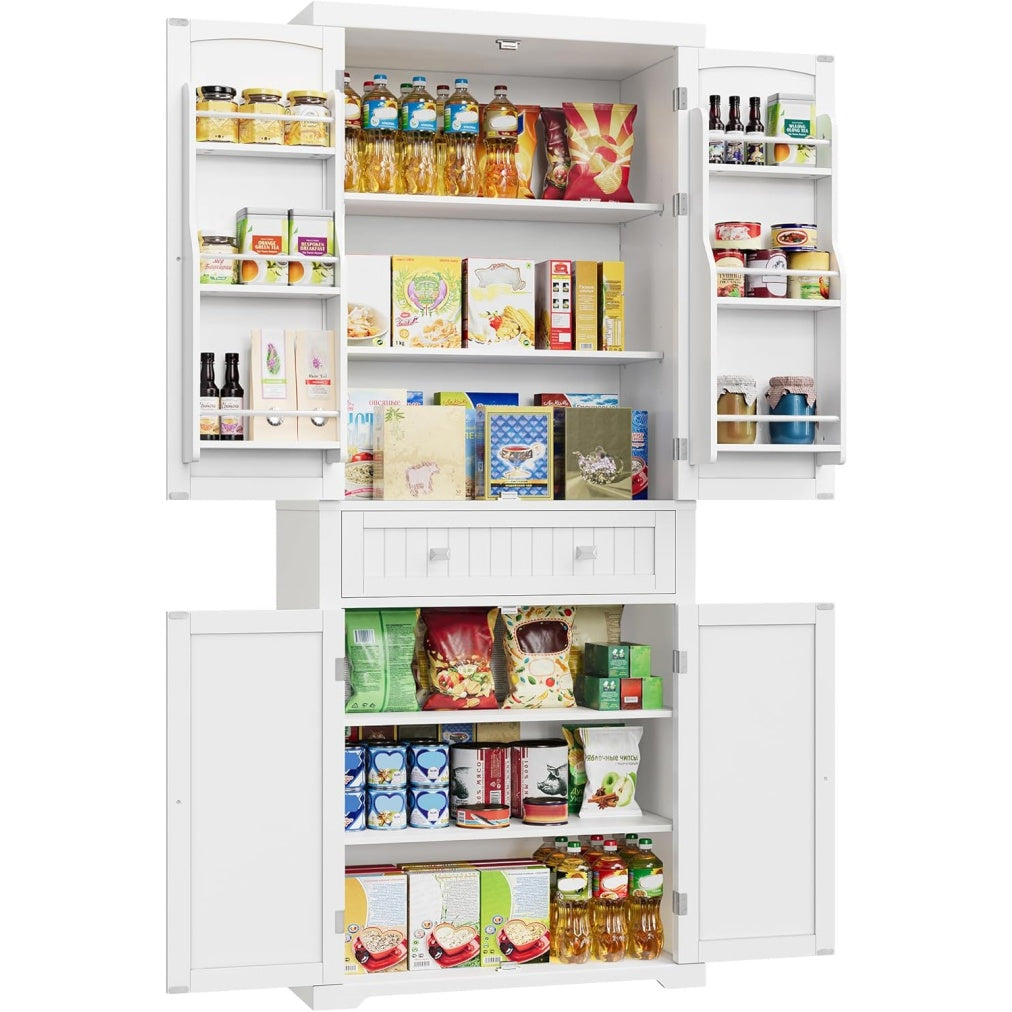 Vaisselier haut 182 cm blanc avec tiroir, placards fermes et tablettes ajustables