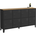 Buffet industriel 139 cm avec huit portes, structure metallique noire et plateau bois, grande capacite de rangement