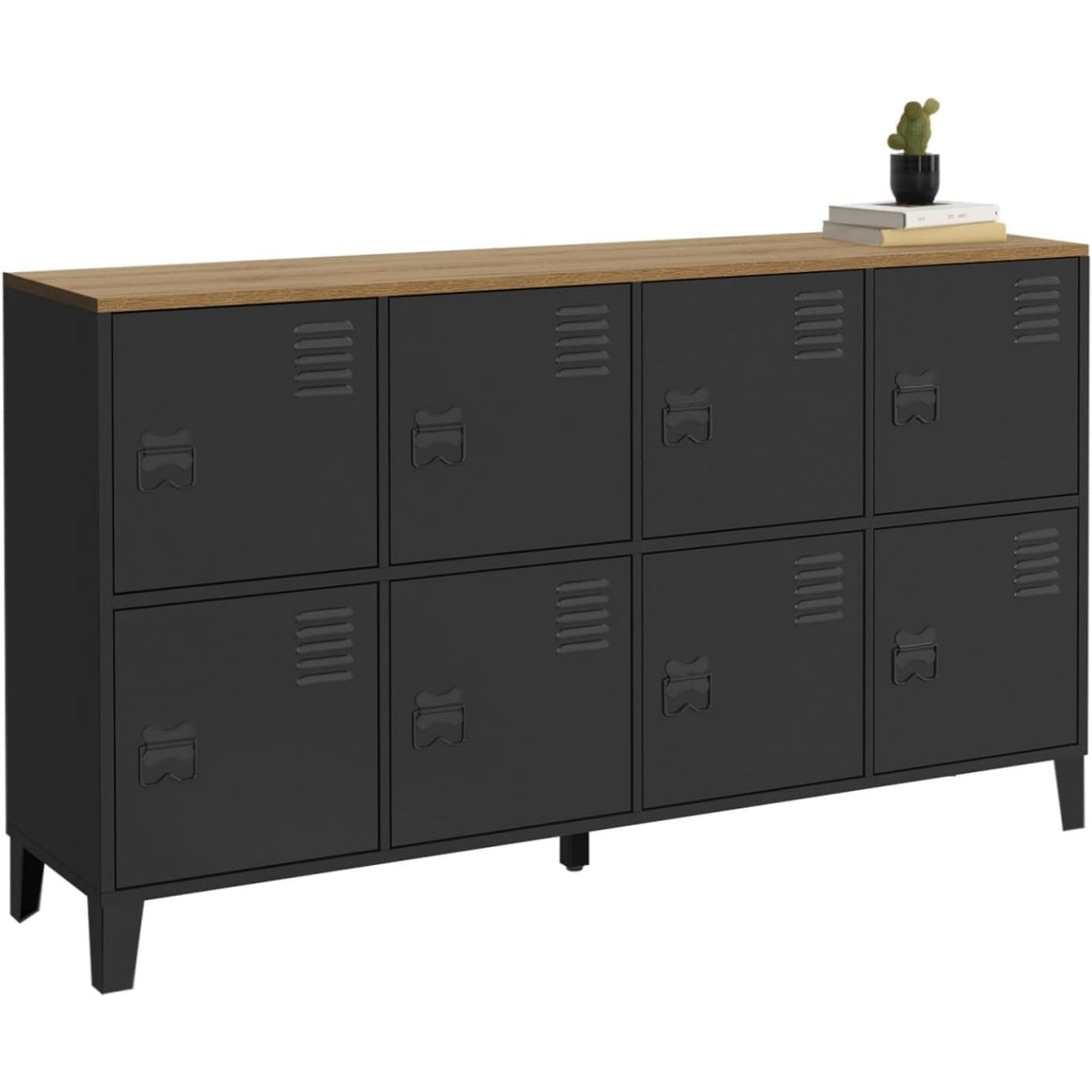 Buffet industriel 139 cm avec huit portes, structure metallique noire et plateau bois, grande capacite de rangement