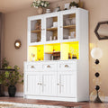 Buffet haut blanc 140 x 40 x 175 cm avec eclairage LED reglable, etageres modulables et vitrine pour cuisine ou salon