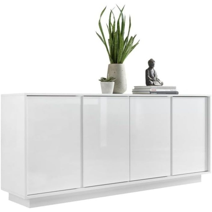 Meuble bas blanc brillant a 4 portes avec finition moderne pour salon et coin repas