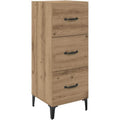 Commode chene artisanal 90 cm avec trois tiroirs et pieds metalliques, meuble compact pour salon ou chambre