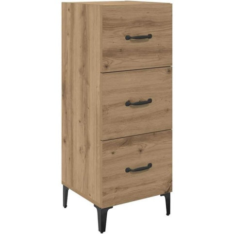 Commode chene artisanal 90 cm avec trois tiroirs et pieds metalliques, meuble compact pour salon ou chambre